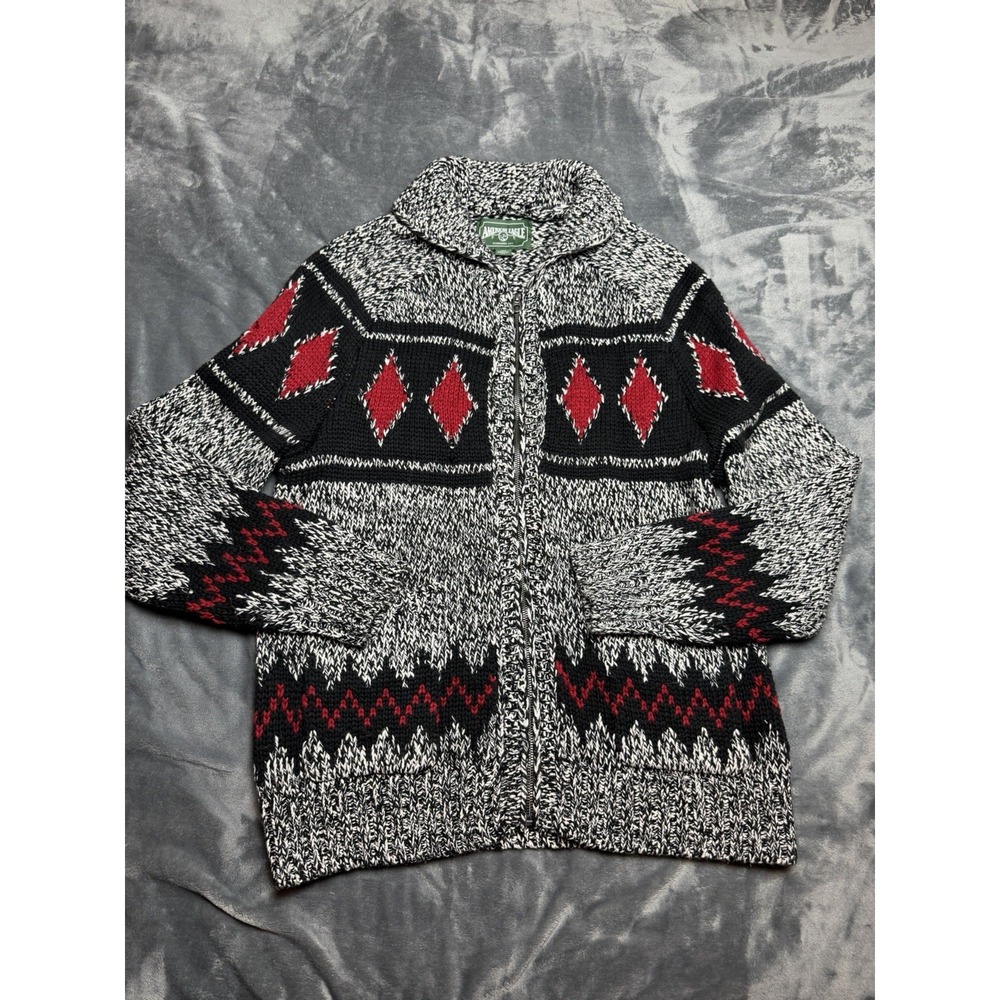 American Eagle Full Zip Cardigan Mens Large Black Red Fair Isle Shawl Sweater